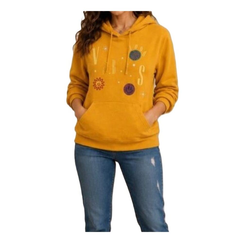 Womens Sweatshirt Size M Yellow Lightweight Pullover Hoodie Good Vibes Cozy Fun